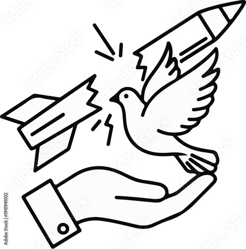 A dove flies from an open hand, shattering a rocket