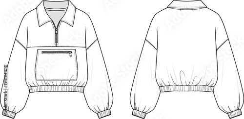 Women Oversized Quarter Zip Pullover Sweatshirt Fashion Flat Sketch Technical Drawing Template with Front and Back View for Streetwear Design