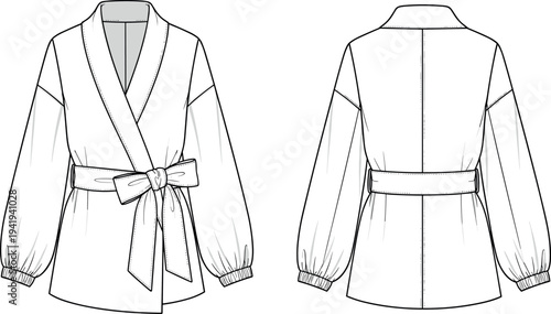 Women Wrap Jacket Fashion Technical Flat Sketch with Shawl Collar Tie Waist Belt and Puffed Lantern Sleeves Vector Illustration Template
