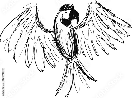 hand drawn parrot sketch with spread wings, simple black ink illustration, bird outline drawing