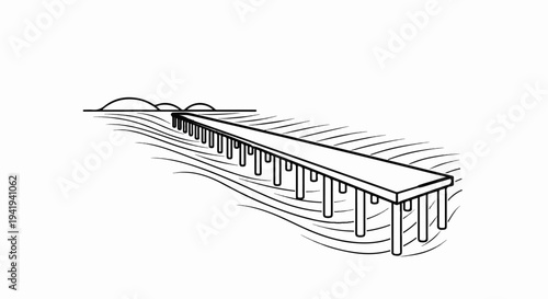 A drawing of a long pier stretching over wavy water towards distant hills