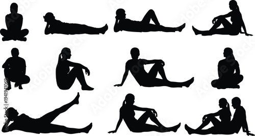 Human silhouette collection of seated and reclining poses, body language, posture, relaxation, meditation, rest, lifestyle, ergonomics, design, gesture, expressive art, creative illustration