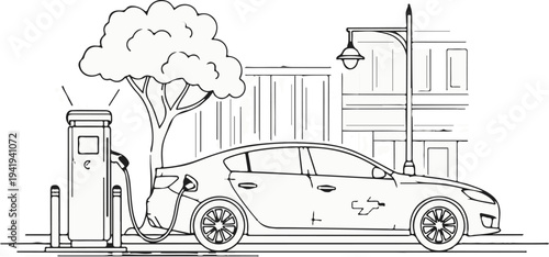 A drawing of an electric car charging next to a tree on a street