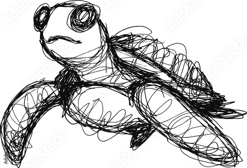Sketch of a sea turtle swimming with detailed flippers and shell lines in black and white