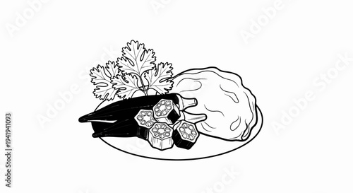 A drawing of fried okra and greens on a plate