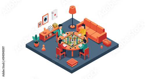 Isometric family game night: people enjoying board game in cozy living room