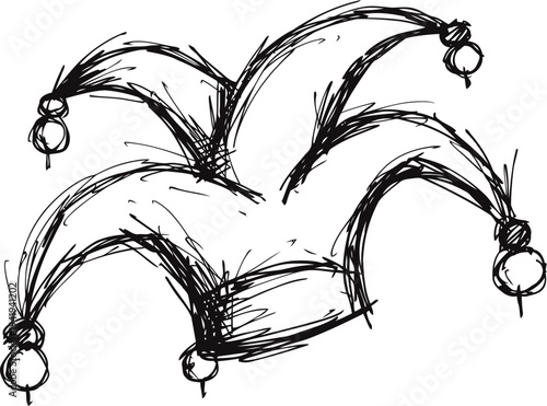 Jester hat sketch with bells hand drawn carnival or clown accessory illustration