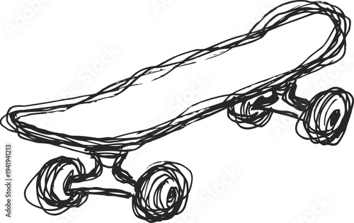 Skateboard sketch drawing with wheels and deck in simple black line art