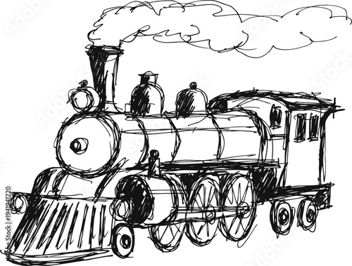 Vintage steam locomotive illustration with smoke puffing from chimney, old train sketch in black and white