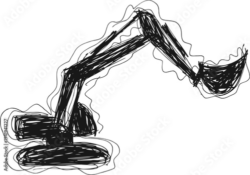 Black sketch excavator digging machine with bucket arm and tracks construction equipment