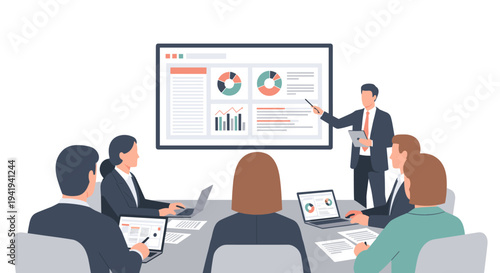 Team meeting with business presentation in modern office setting