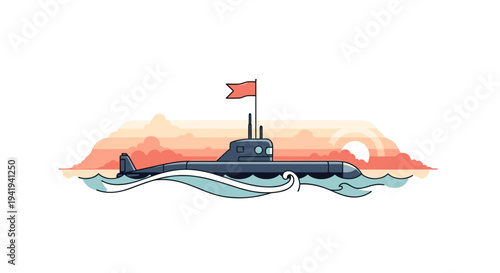 Submarine sailing at sunset with waves and clouds in minimalist style