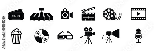 Cinema Icons Set Vector Illustration Featuring Film Reel, Movie Camera, Television, Video Player, Clapperboard, and Multimedia Entertainment Symbols for Film Industry, Media Production