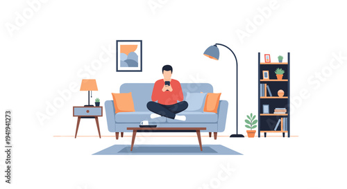 Cozy living room with person relaxing on sofa using phone