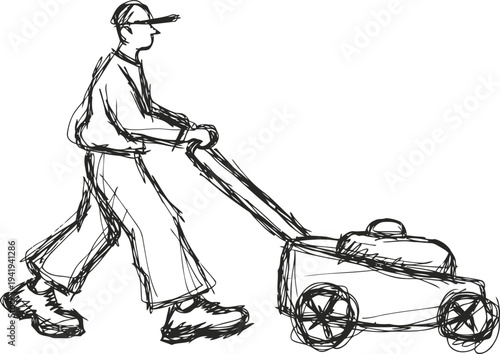 Man mowing lawn with push mower walking forward gardening outdoor yard maintenance