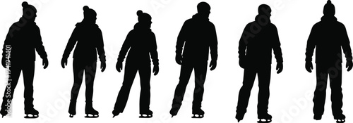 Ice skater silhouette collection with winter clothing, standing poses, skating posture, lifestyle, sports, movement, culture, recreation, expressive art illustration