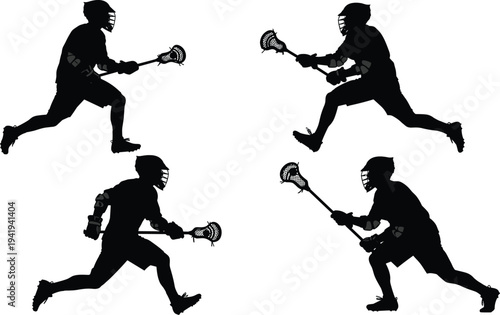 Lacrosse player silhouette collection with dynamic action poses, helmet, stick, running, passing, shooting, sports training, competition, athletic movement, team illustration