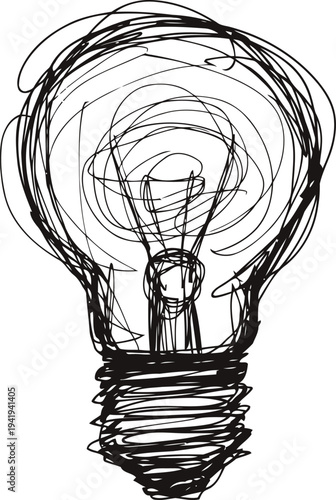 Hand drawn light bulb sketch with swirling lines and filament details representing creativity and ideas