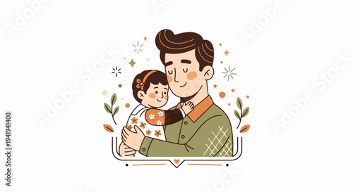 A father lovingly embraces his young child, surrounded by decorative elements