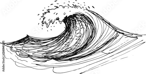 Black and white hand drawn ocean wave sketch with detailed water splash and curls