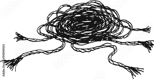Tangled black yarn ball with loose strands and frayed ends isolated on white background