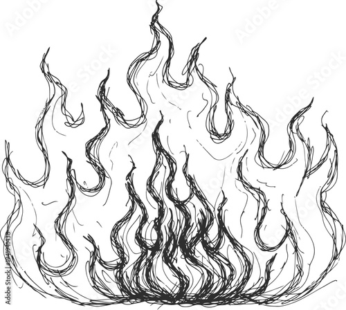 Abstract black and white fire flames drawing with swirling sketch lines and dynamic shapes