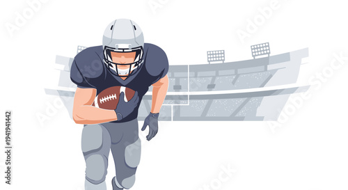 American football player in action on field with stadium background