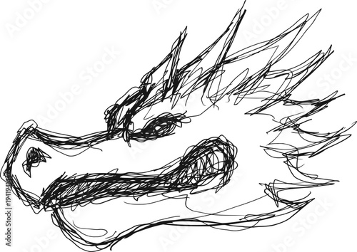 hand drawn dragon head sketch rough black pen lines illustration of mythical creature with sharp features and fierce expression