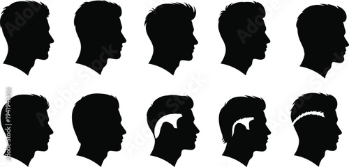 Male hairstyle silhouette collection with diverse haircuts, modern styles, shaved fades, textured looks, barber inspiration, grooming, fashion, beauty illustration