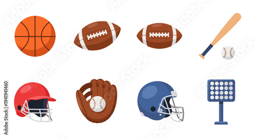Collection of sports equipment icons including basketball and baseball