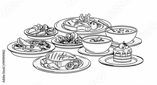 A feast of various dishes including steaks, salads, soups, and a cake