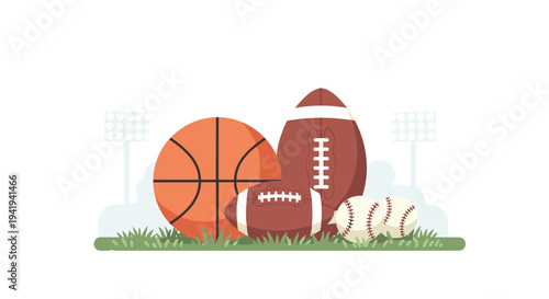 Colorful sports balls on grass with stadium lights