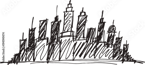 sketch of city skyline with tall buildings and skyscrapers in black ink drawing