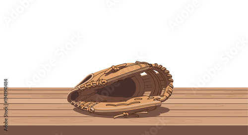 Baseball glove on wooden surface: cartoon style sporting equipment