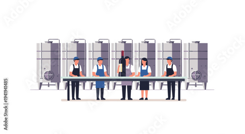 Workers in beverage factory assembly line with industrial tanks and modern flat style