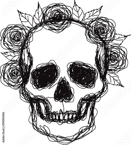 Scribble skull with floral crown, artistic black ink sketch of human skull with roses and leaves