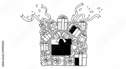 A festive collection of wrapped presents and confetti