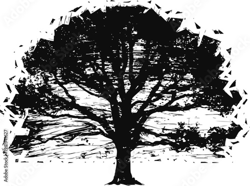 black silhouette of a large tree with spreading branches and textured bark detail