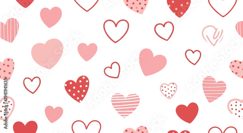 A festive pattern of various pink and red heart shapes scattered across a white background