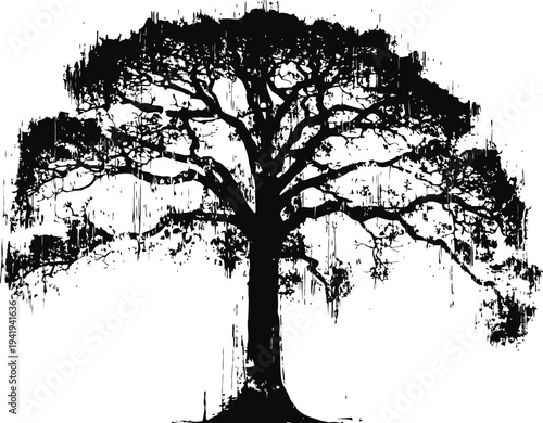 black silhouette of a large oak tree with spreading branches and dense foliage