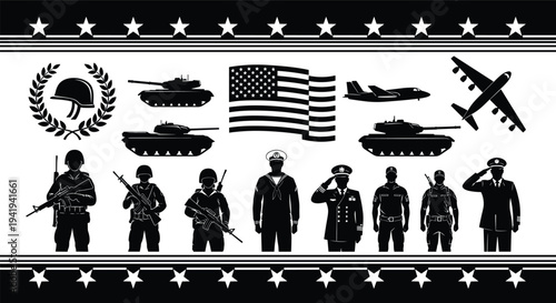Military silhouettes with patriotic symbols, soldiers saluting, tanks, aircraft, American flag, laurel wreath, stars border, national defense illustration