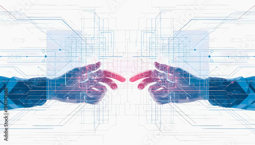 Futuristic vector illustration of human hands collaborating with artificial intelligence holographic interface