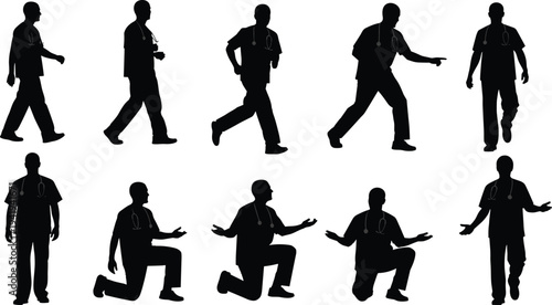 Medical professional silhouette collection with stethoscope, doctor poses, walking, running, pointing, standing, kneeling, healthcare worker, hospital, medicine, gesture illustration