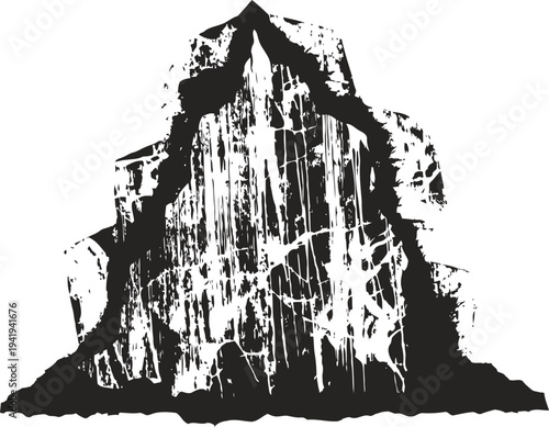 Black and white mountain silhouette with textured rugged cliffs and sharp peak outline