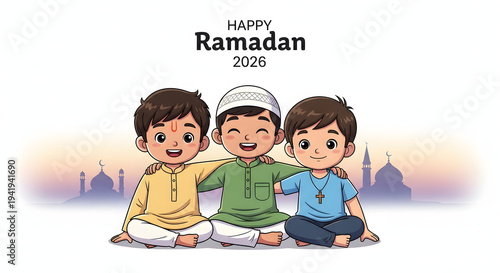Happy Ramadan 2026 Illustration: Diverse Children Representing Religious Harmony and Global Unity