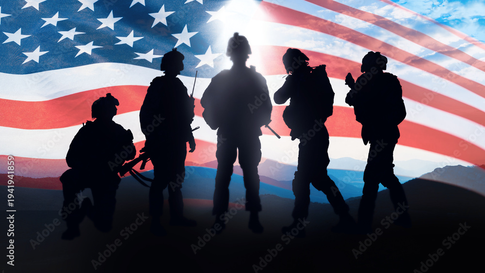 Fototapeta premium Soldiers stand in silhouette against the US flag during tensions with Iran