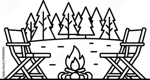 Campsite scene with two director's chairs and a campfire