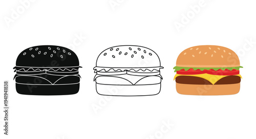 Three burger variations shown in color outline and silhouette