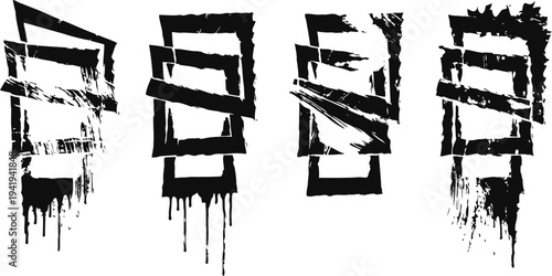 Black abstract vertical brushstrokes with dripping paint isolated on white background