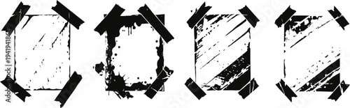 grunge paper textures in various shapes taped with black adhesive strips on white background